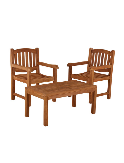 Bibury Teak Coffee Table with 2 Malvern Carver Chairs 100cm x 50cm