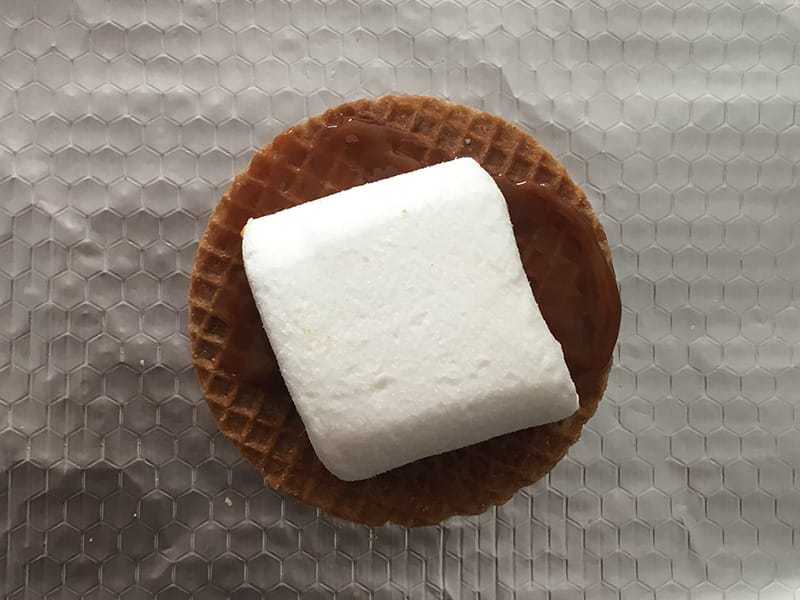 Giant marshmallow layered on top of salted caramel and a stroopwaffle