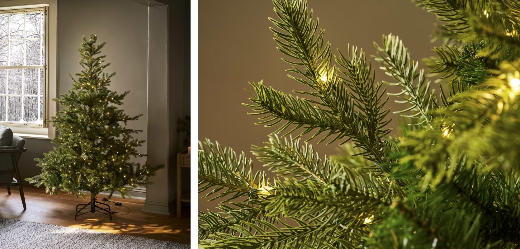 Lifelike 6ft pre-lit fir Christmas tree with warm white LED lights glowing in a softly lit living room.