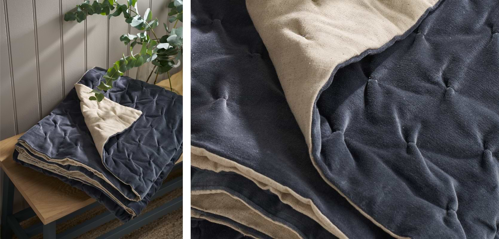  Navy velvet bedspread draped on a bed with plush, padded texture and cotton-linen reverse.