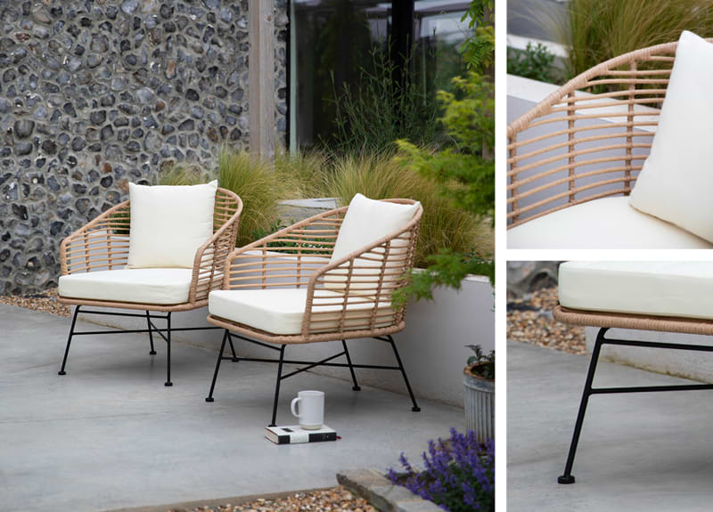 2 rattan chairs outdoors with tea