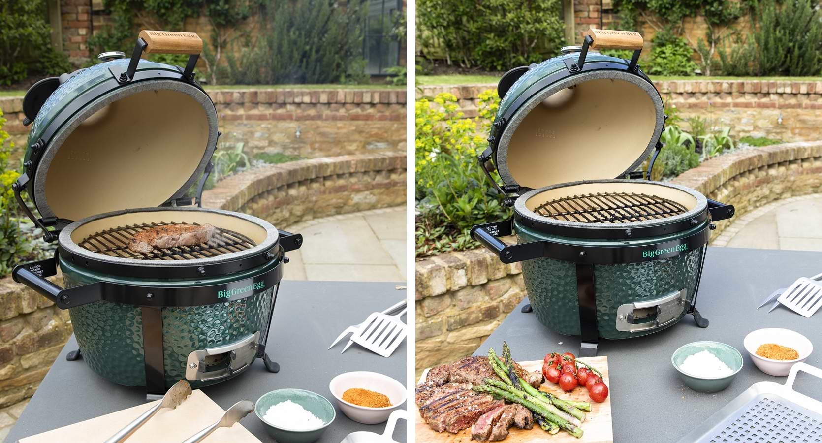 Big Green Egg MiniMax with lid open, sitting on Garden Trading's Chilford Dining Table, showing grill interior and prepared meat and vegetables