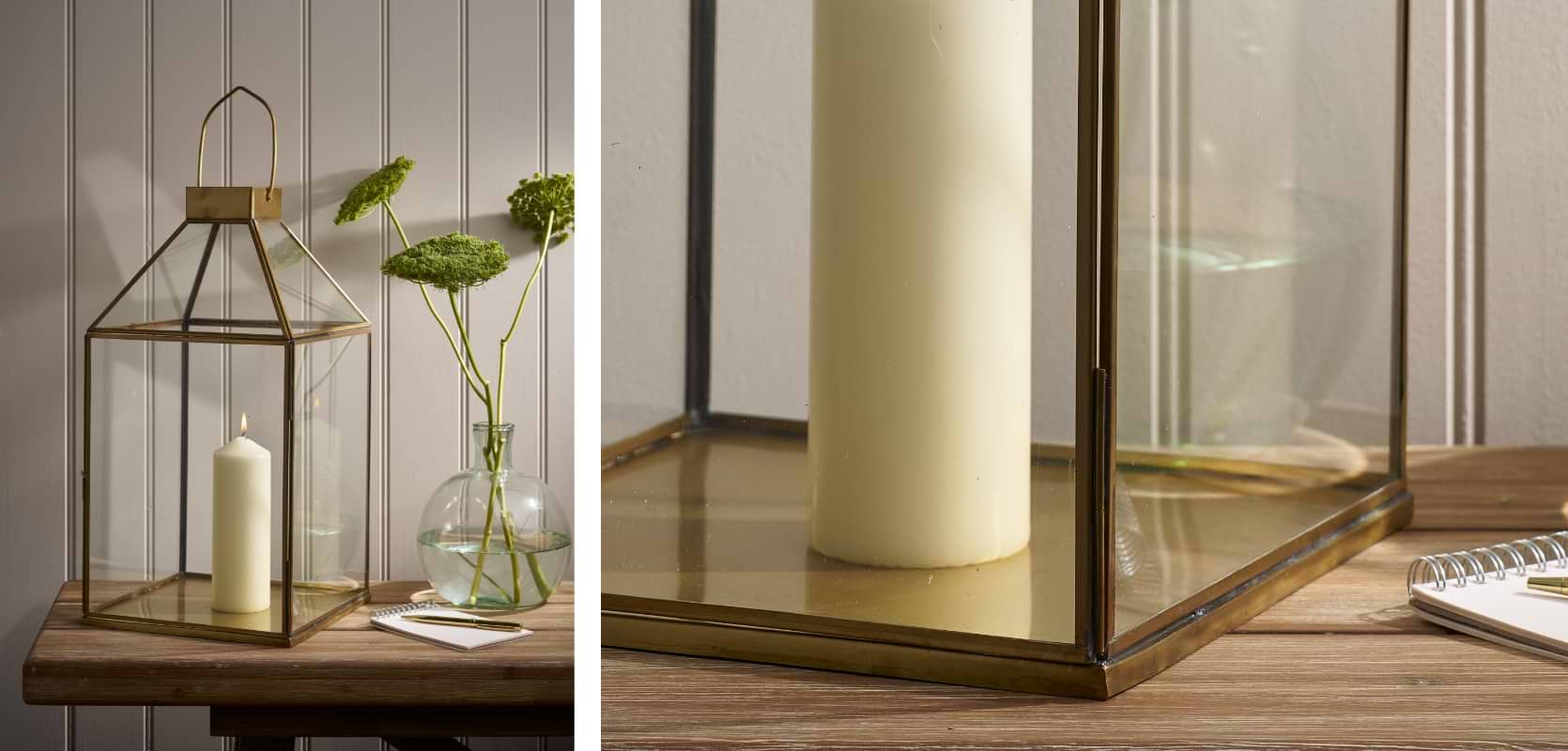 Brass and glass lantern holding pillar candles, casting a warm glow on a mantle