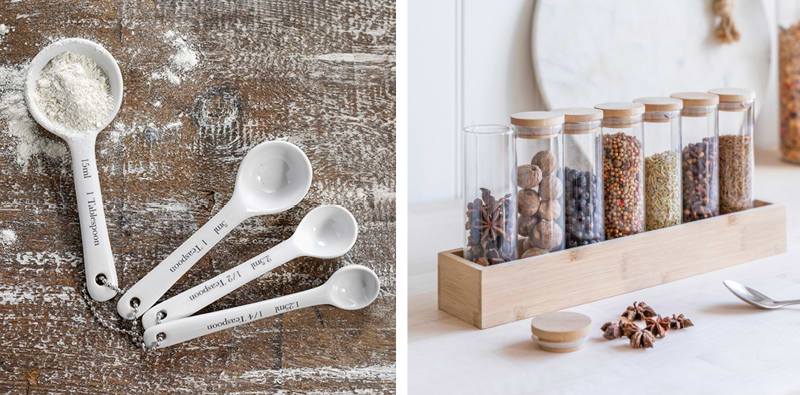 Porcelain Measuring Spoons and Spice Rack with 7 Spice Jars by Garden Trading