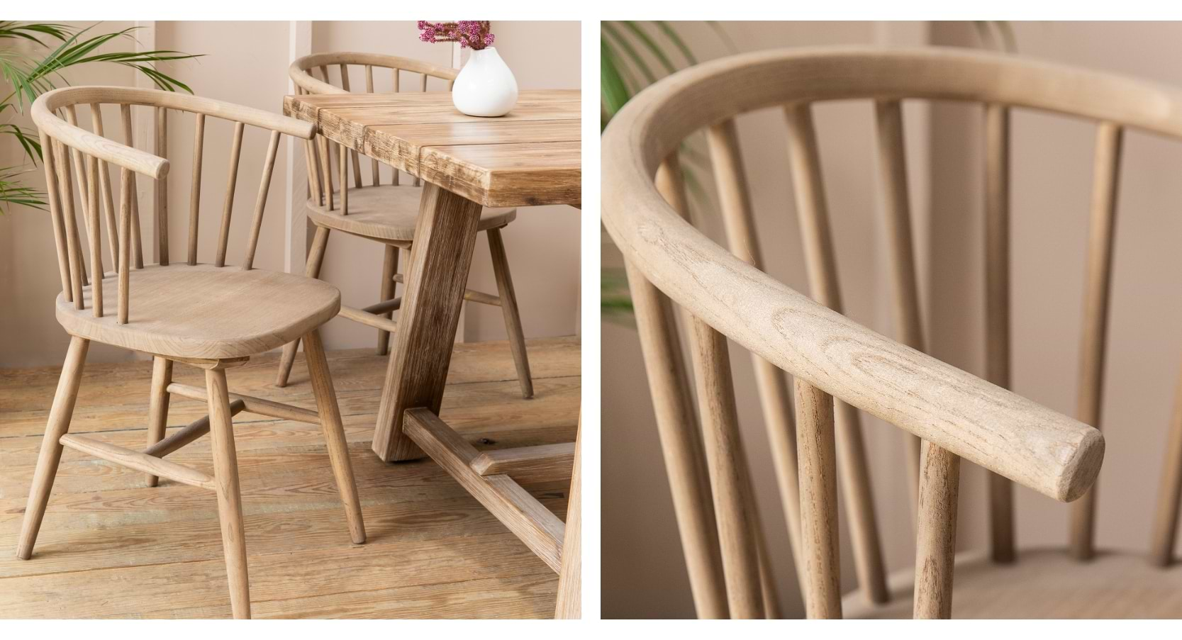 Set of 2 Landrake Curved Back Dining Chairs in natural finish, crafted from solid elm wood with gracefully curved backs and armrests.