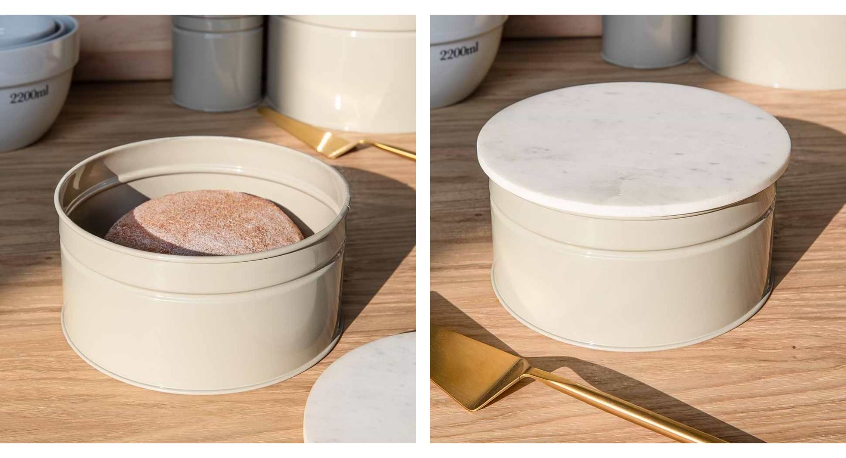 Brompton Cake Tin in clay colour with a grey-flecked marble lid, shown in an elegant kitchen setting.