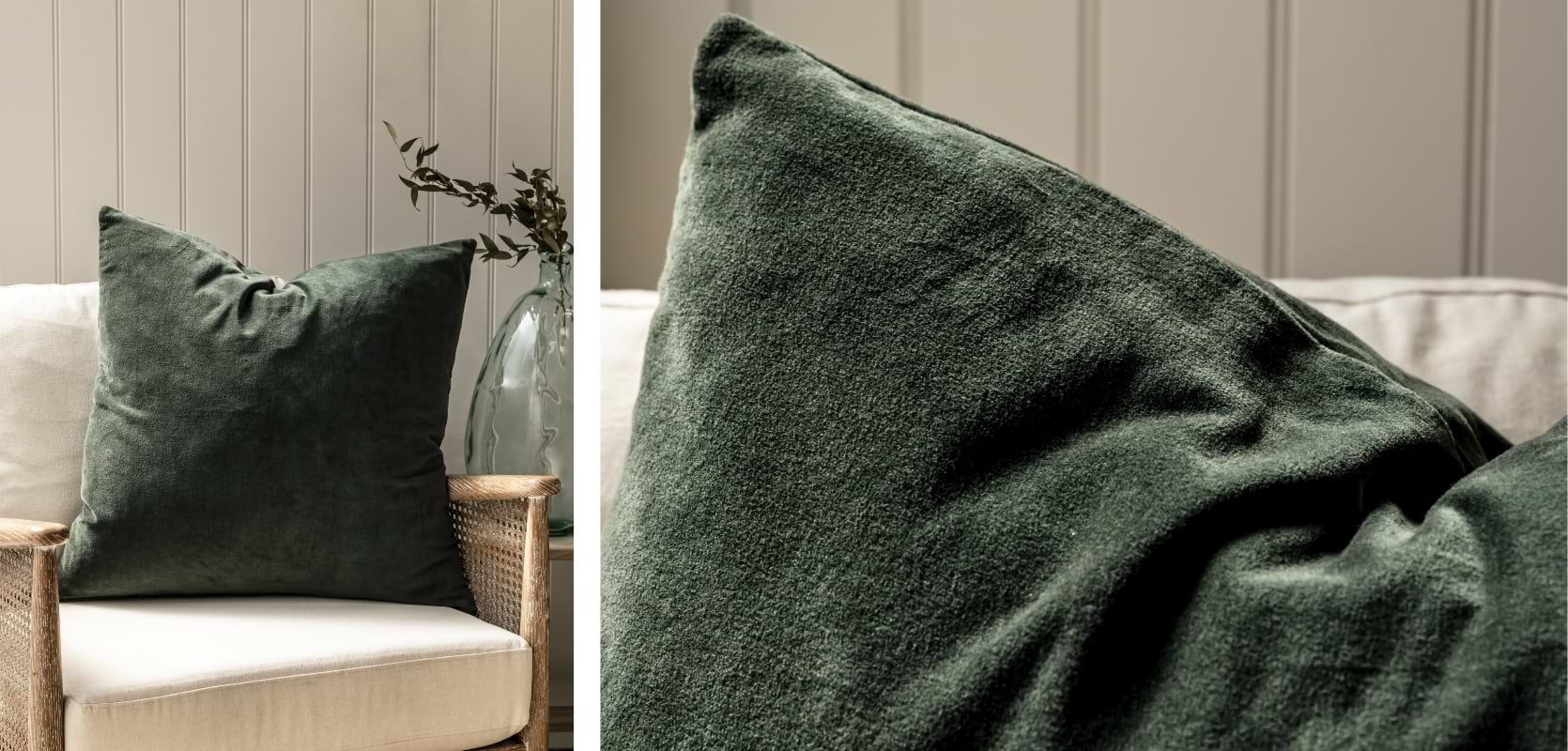 Forest green velvet cushion placed on a sofa, adding warmth and sophistication