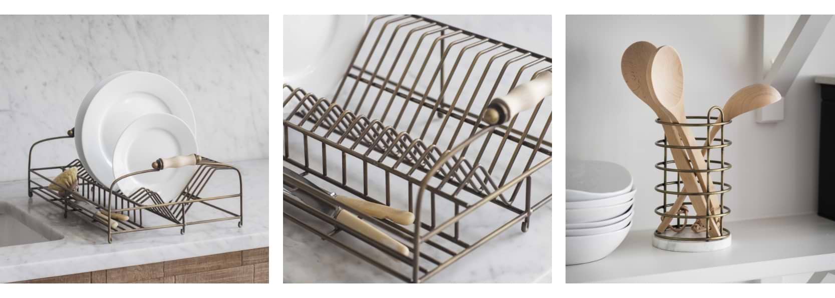 Brompton Dish Rack and Utensil Holder in antique brass, featuring a wirework frame with wooden handles, holding plates and cutlery.