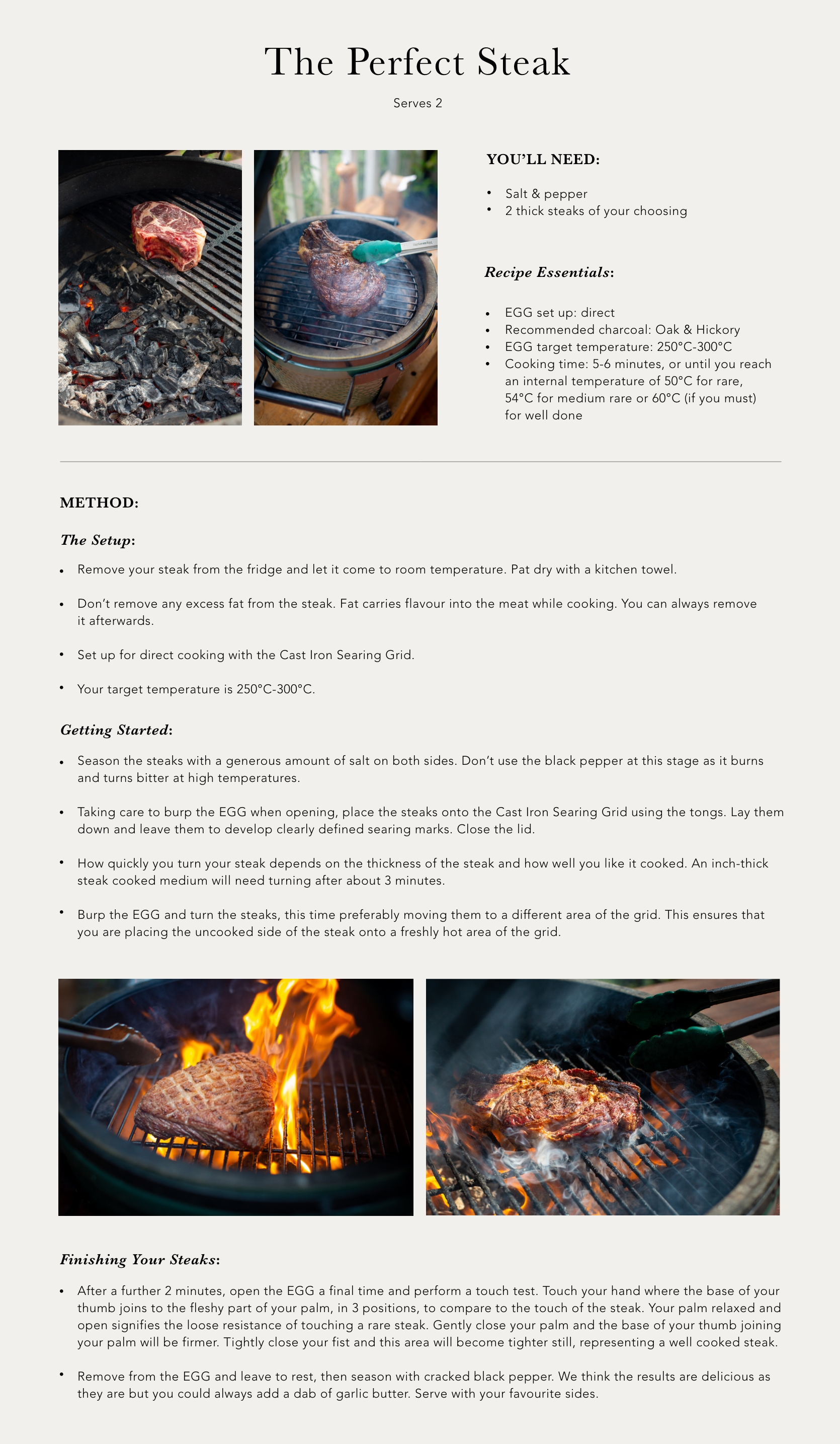 Recipe Card featuring close-up images of Big Green Egg MiniMax Cooking Steak
