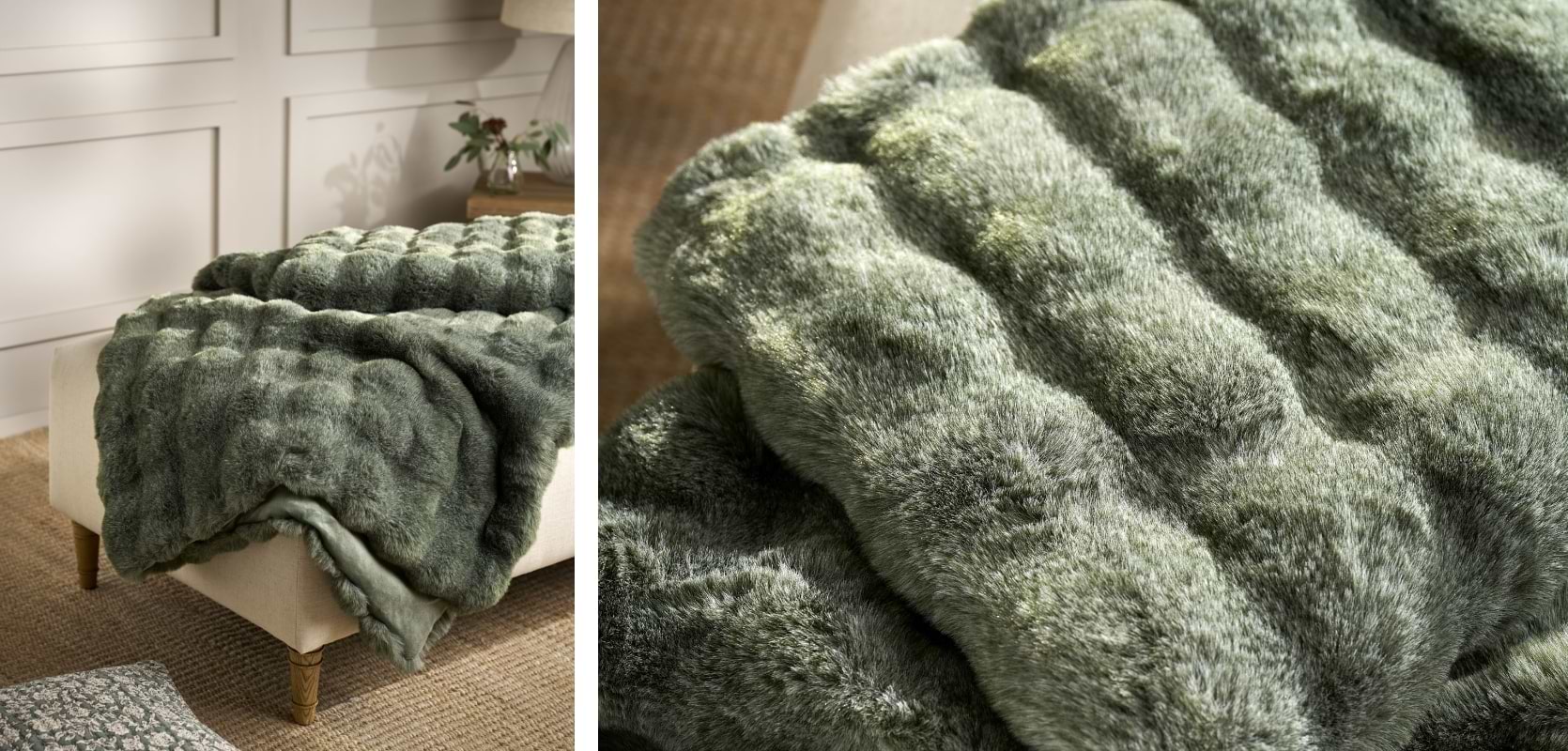 Eucalyptus-green Feather Faux Fur Throw draped over a sofa, showing its soft, wave-like texture and velour reverse.