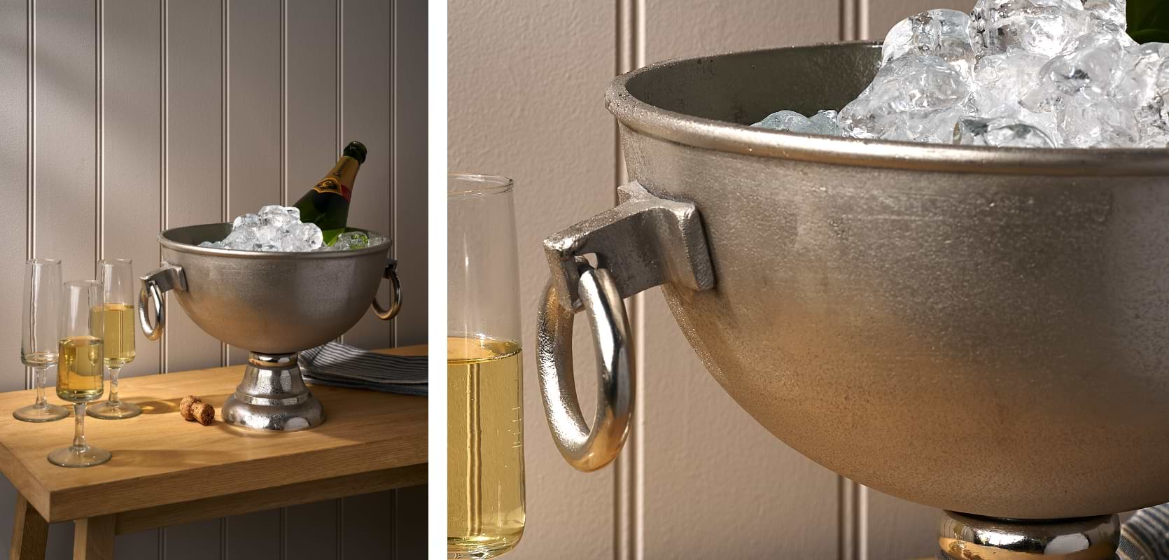 Polished nickel drinks cooler filled with ice and wine bottles, perfect for entertaining