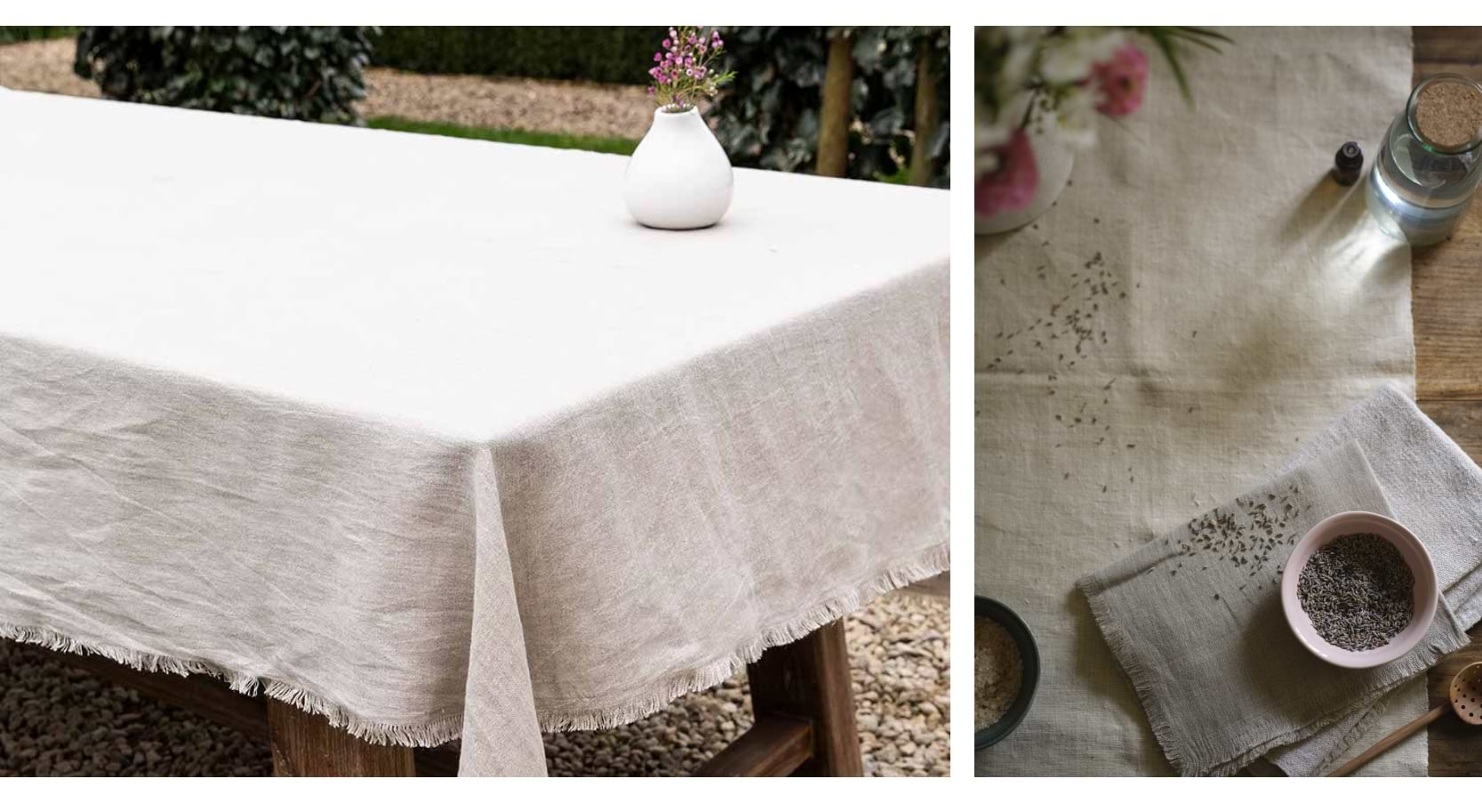 Nether Tablecloth in natural finish, 140x230 cm, made from 100% European linen with frayed edges for a rustic table setting.