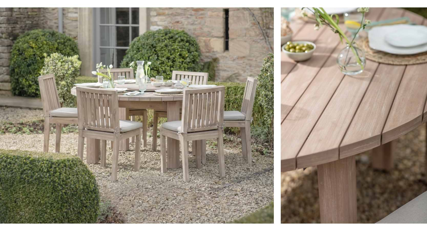 Large Porthallow Round Dining Table in natural finish, crafted from solid acacia with a central hole for a parasol, seating six.