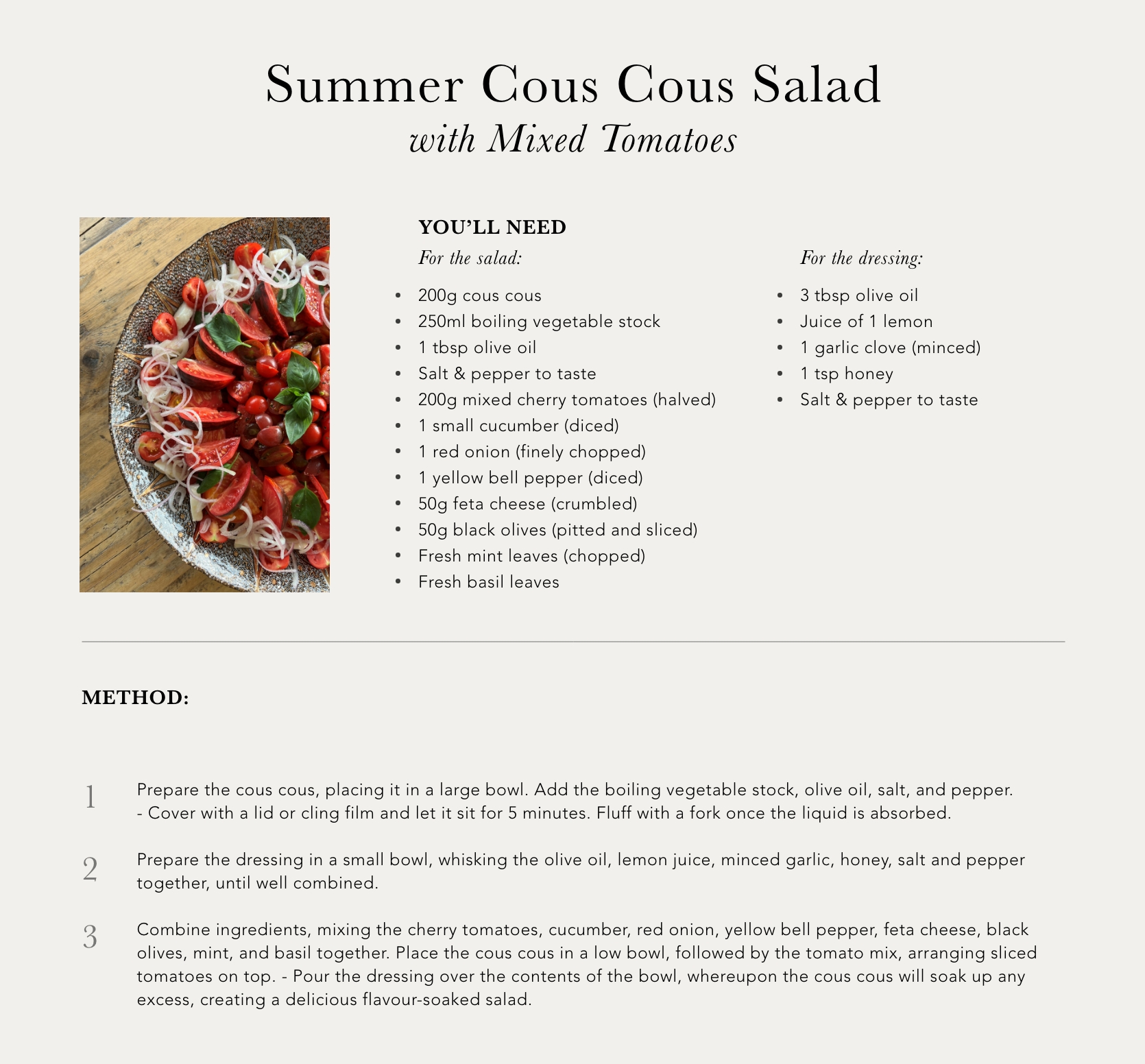 Summer Cous Cous Salad with Mixed Tomatoes Recipe Card
