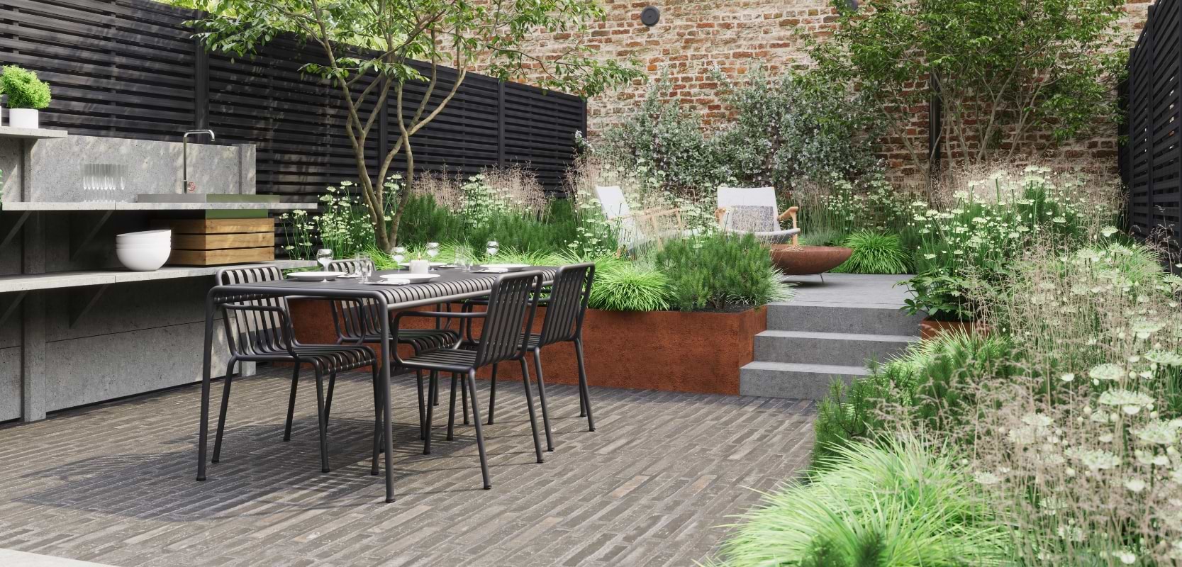 Garden Design by Soto Gardens featuring outdoor kitchen and dining area plus stocked borders
