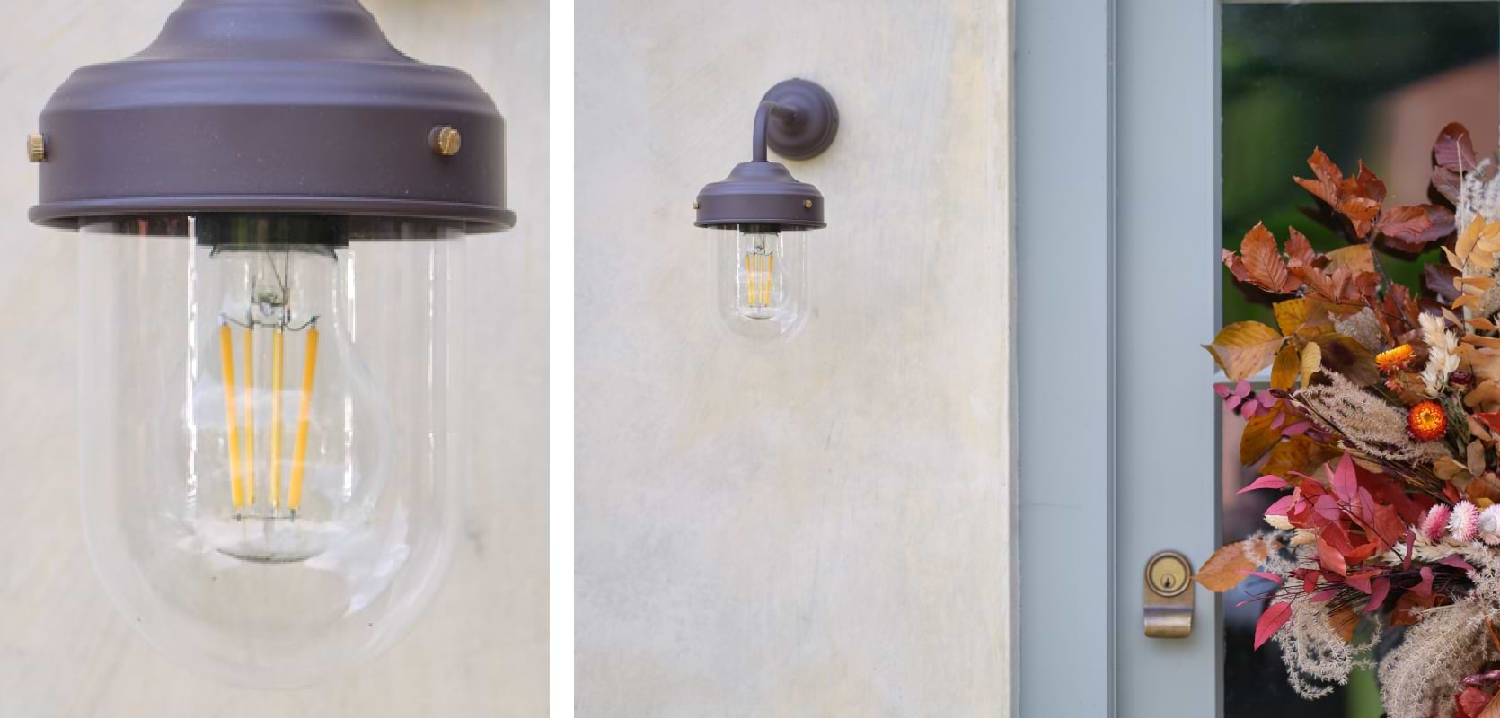 Thurlaston Barn Light pictured on external wall next to door with an autumnal wreath