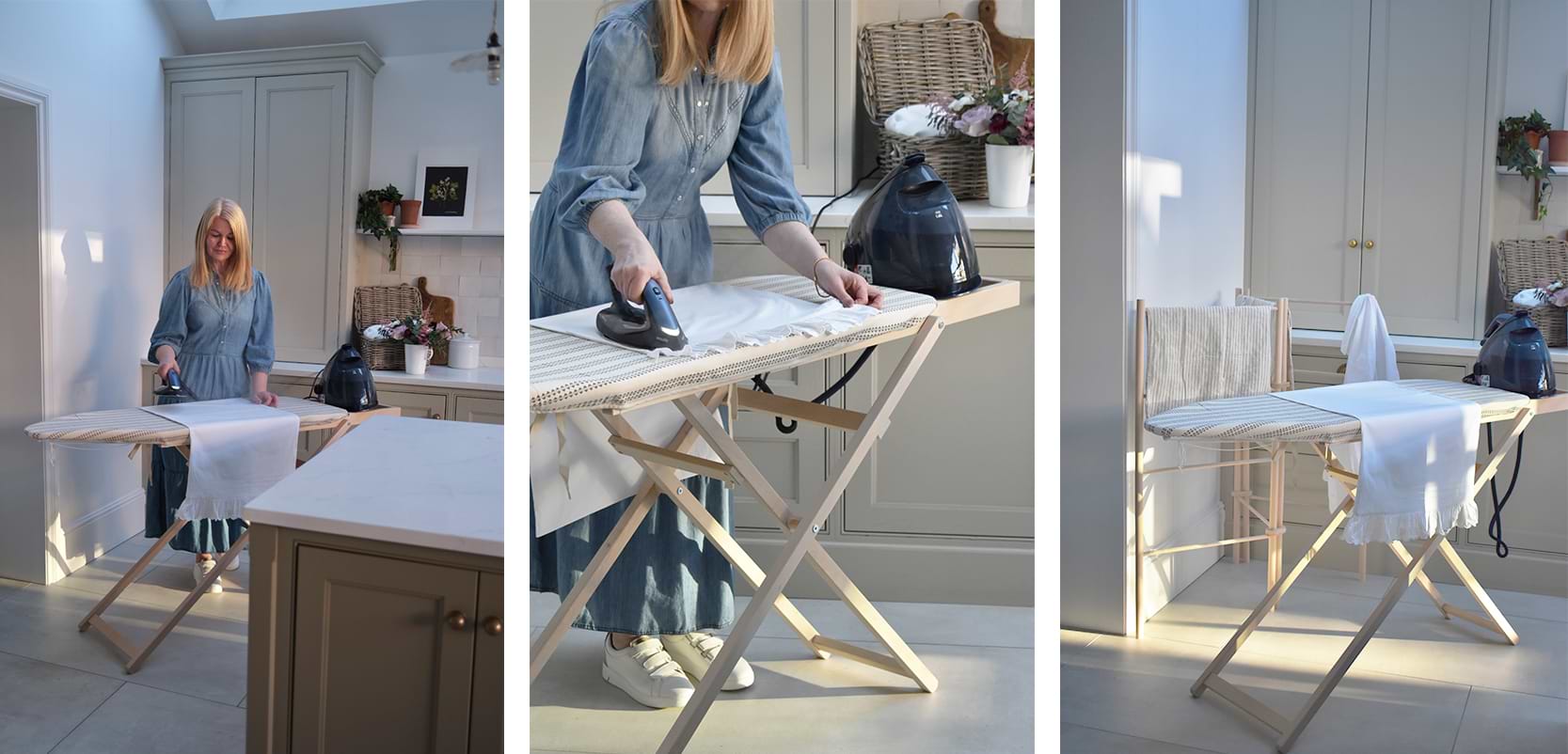 Lady using a wooden ironing board and clothes drying on a zigzag wooden clothes dryer