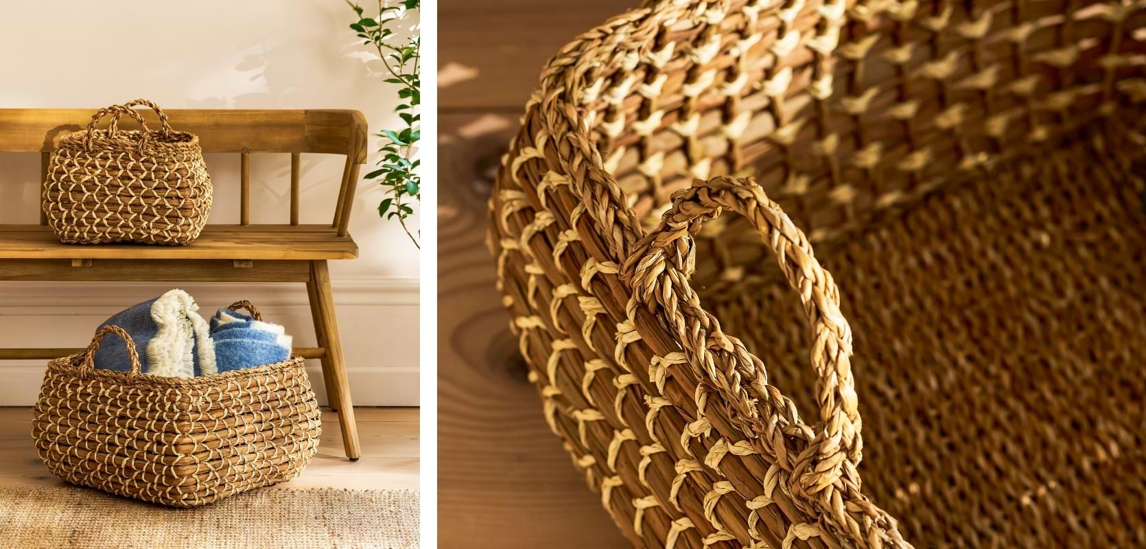 Set of two natural seagrass Taston Square Baskets in different sizes, used to store blankets, styled with a Bramley Bench.