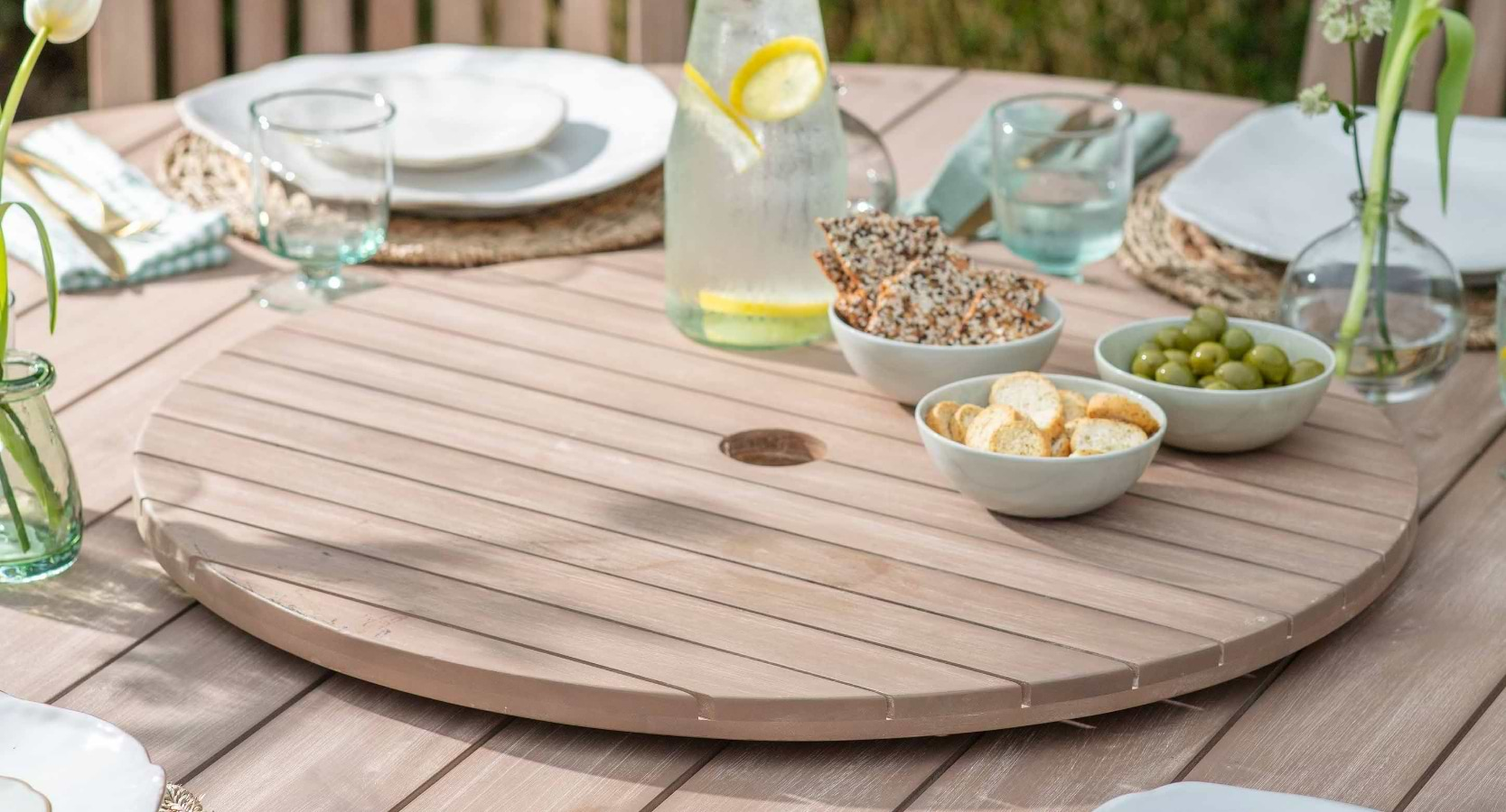 Porthallow Lazy Susan in natural finish, designed to complement the Porthallow Round Dining Table for convenient outdoor dining.