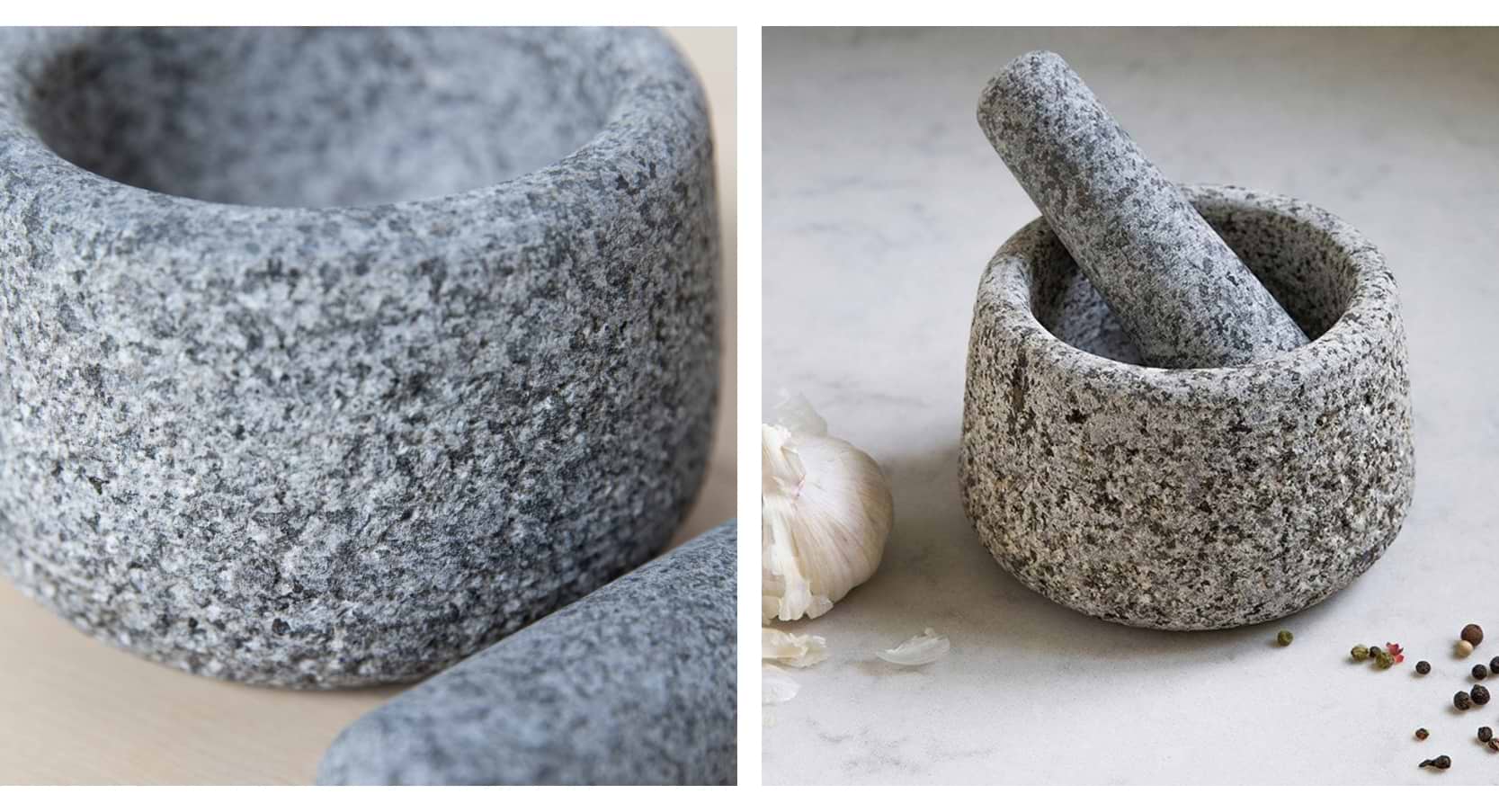 Granite Pestle and Mortar in natural stone finish, placed on a countertop with fresh herbs and spices.