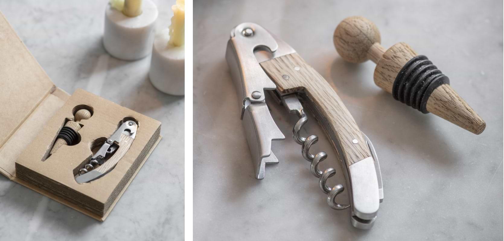 Stylish bottle opener and wine stopper set displayed on a home bar countertop