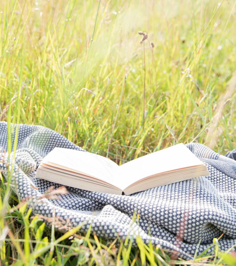 An open book on a picnic blanket  in a grassy field