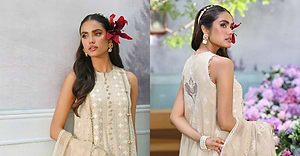 A collage of a woman in a cream colored Indian Dress