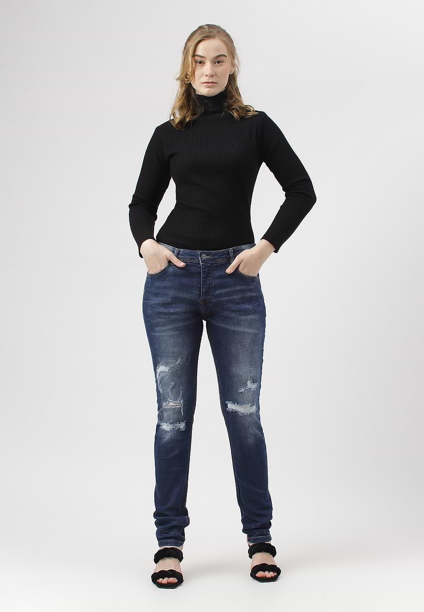 UnWaste Pledge | Dark Indigo Mid Rise Long Skinny Jeans