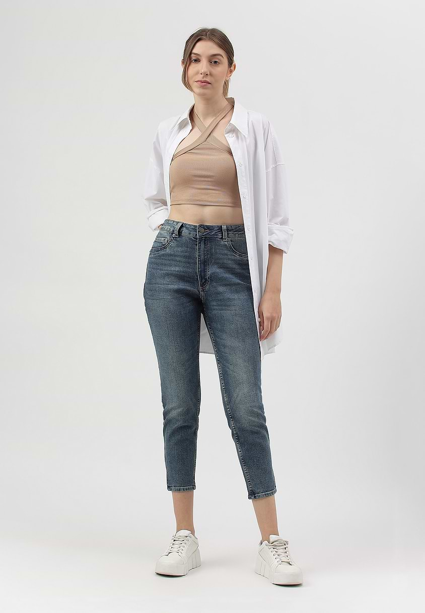 UnExcess Pledge | Mid Indigo High Rise Cropped Slim Jeans