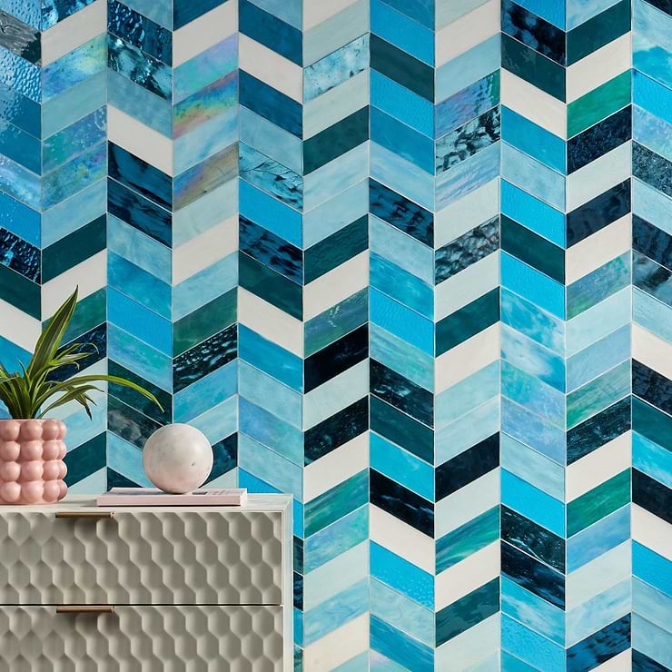 Meta Tulum Turquoise Blue 2x5 Chevron Glossy Glass Mosaic by Elizabeth Sutton; in Blue, Teal, Turquoise, White Stained Glass; for Backsplash, Bathroom Wall, Kitchen Wall, Shower Wall, Wall Tile; in Style Ideas Mediterranean, Modern, Tropical, Whimsical