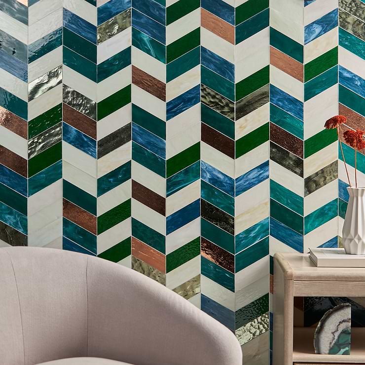 Meta Vermont Jade Green 2x5 Chevron Glossy Glass Mosaic by Elizabeth Sutton; in Green, Copper, Blue Stained Glass; for Backsplash, Bathroom Wall, Kitchen Wall, Shower Wall, Wall Tile; in Style Ideas Mediterranean, Modern, Tropical, Whimsical
