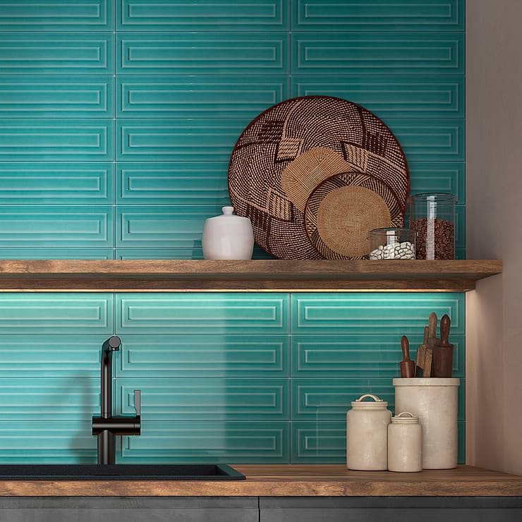 Colorplay Frame Teal Green 4.5x18 3D Glazed Crackled Ceramic Tile; in Green Blue Ceramic; for Backsplash, Kitchen Wall, Wall Tile, Bathroom Wall, Shower Wall; in Style Ideas Contemporary, Traditional, Transitional; released 2023; new, trends