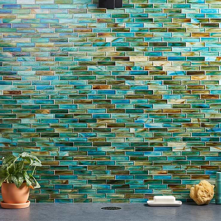 Artwave Lagoon Green Iridescent 1x4 Polished Glass Mosaic Tile