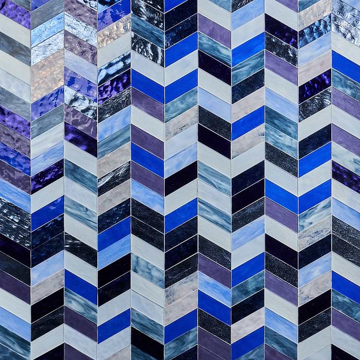 Elizabeth Sutton Meta Bayou Blue 2x5 Chevron Glossy Glass Mosaic Tile