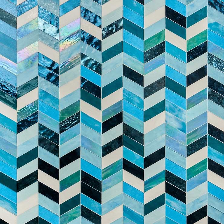 Elizabeth Sutton Meta Tulum Turquoise Blue 2x5 Chevron Glossy Glass Mosaic Tile
