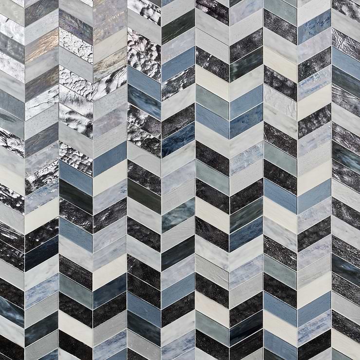 Elizabeth Sutton Meta Zanzibar Dark Silver 2x5 Chevron Glossy Glass Mosaic Tile