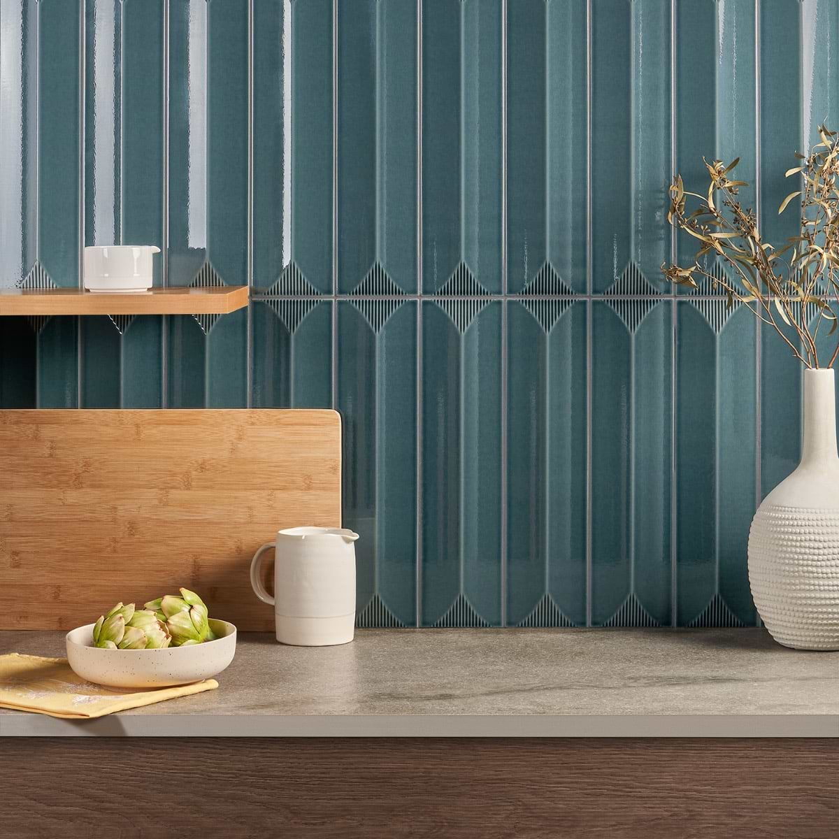 Kitchen renovation with green glazed ceramic tile full-wall