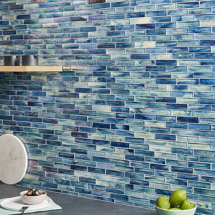 Artwave Beach Blue Iridescent 1x4  Polished Glass Mosaic Tile