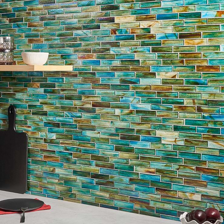Artwave Lagoon Green Iridescent 1x4 Polished Glass Mosaic Tile