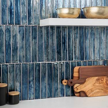 Komorebi Brick Jet Stream Blue 2x12 Polished Glass Tile - Sample