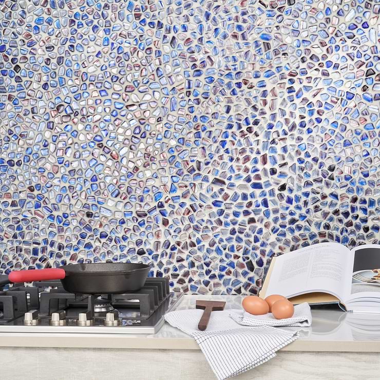 Komorebi Pebble Bayou Blue Polished Glass Mosaic; in Blue Glass; for Backsplash, Kitchen Wall, Wall Tile, Bathroom Wall, Shower Wall; in Style Ideas Beach, Contemporary, Mediterranean, Transitional, Tropical, Whimsical; released 2023; new, trends