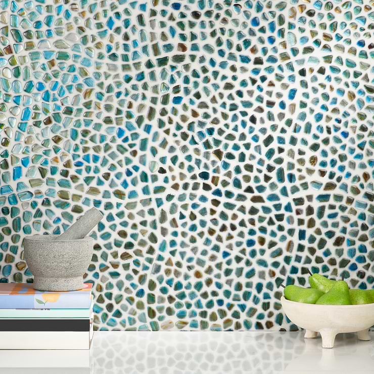 Komorebi Pebble Juneau Spring Multicolor Polished Glass Mosaic; in Blue, Green, Brown Glass; for Backsplash, Kitchen Wall, Wall Tile, Bathroom Wall, Shower Wall; in Style Ideas Beach, Contemporary, Mediterranean, Transitional, Tropical, Whimsical; released 2023; new, trends