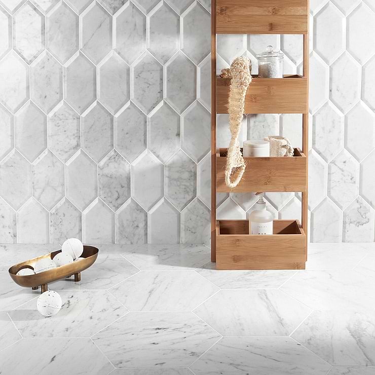 Carrara White 8x4 Beveled Hexagon Polished Marble Tile; in White w/Gray Carrara; for Backsplash, Bathroom Wall, Kitchen Wall, Outdoor Wall, Shower Wall, Wall Tile; in Style Ideas Art Deco, Contemporary, Modern, Traditional, Transitional