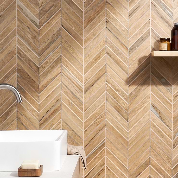 Eternal Birch Brown Chevron Matte Porcelain Mosaic; in Brown Porcelain; for Backsplash, Floor Tile, Kitchen Floor, Kitchen Wall, Wall Tile, Bathroom Floor, Bathroom Wall, Shower Wall, Shower Floor, Outdoor Floor, Outdoor Wall, Commercial Floor, Pool Tile; in Style Ideas Beach, Craftsman, Contemporary, Farmhouse, Traditional, Transitional, Whimsical; released 2023; new, trends