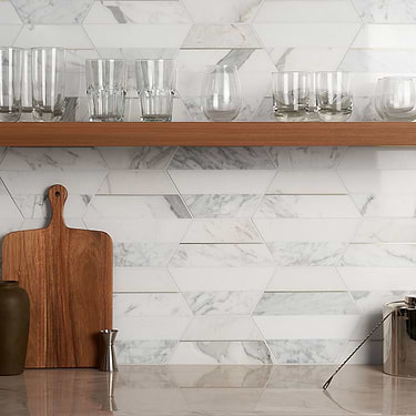 Margo  White and Gold 9" Hexagon Polished Calacatta Marble and Brass Mosaic Tile - Sample