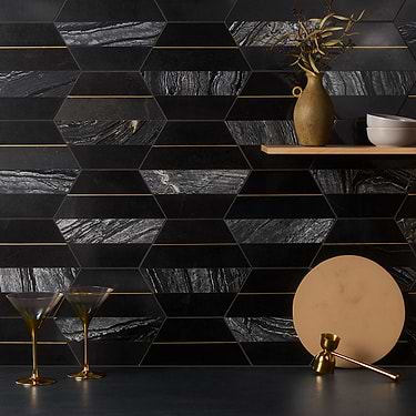 Margo Nero Black and Gold 9"  Hexagon Marble and Brass Mosaic Tile