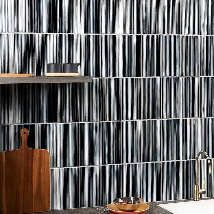 Nabi Midnight Blue 4.5x9 Fluted Ridged Polished Glass Tile; in Dark Blue Glass; for Backsplash, Kitchen Wall, Wall Tile, Bathroom Wall, Shower Wall, Outdoor Wall, Pool Tile; in Style Ideas Art Deco, Classic, Craftsman, Contemporary, Traditional; released 2023; new, trends