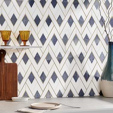 Zeta Azul Blue Polished Marble and Brass Waterjet Mosaic Tile  - Sample