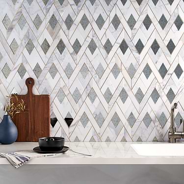 Zeta Mirror Silver Polished Marble, Antique Mirror and Brass Waterjet Mosaic Tile