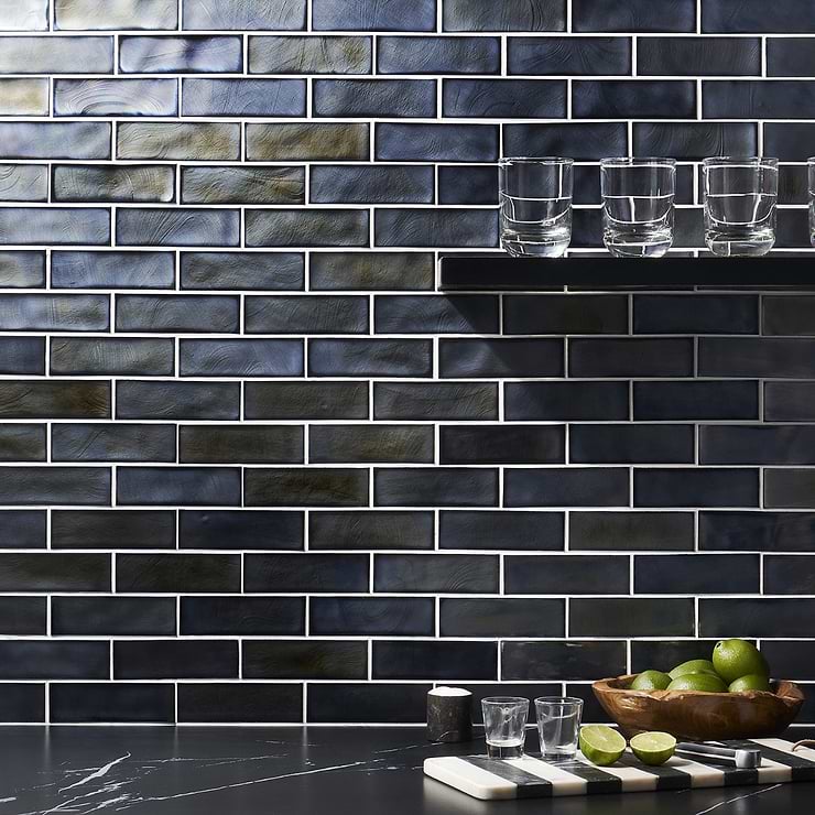 Magico Iridescent Night Black 2x6 Polished Glass Mosaic Tile; in Black, Gray Glass; for Backsplash, Bathroom Wall, Kitchen Wall, Outdoor Wall, Pool Tile, Shower Wall, Wall Tile; in Style Ideas Art Deco, Beach, Contemporary, Mediterranean, Mid Century, Modern, Transitional; released 2024; new, trends